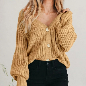Women's Oversized Cardigan | Chunky Knit, Balloon Sleeve, V-Neck