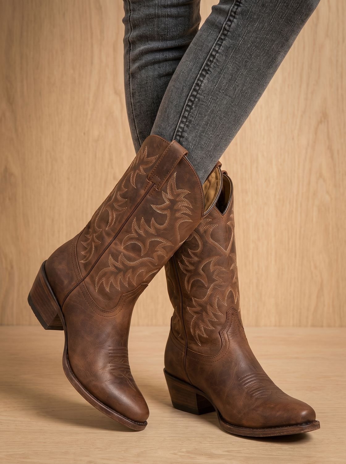 Women embroidered mid-calf block heel cowboy boots pointed toe western style