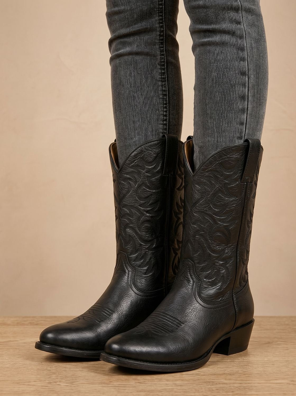 Women embroidered mid-calf block heel cowboy boots pointed toe western style