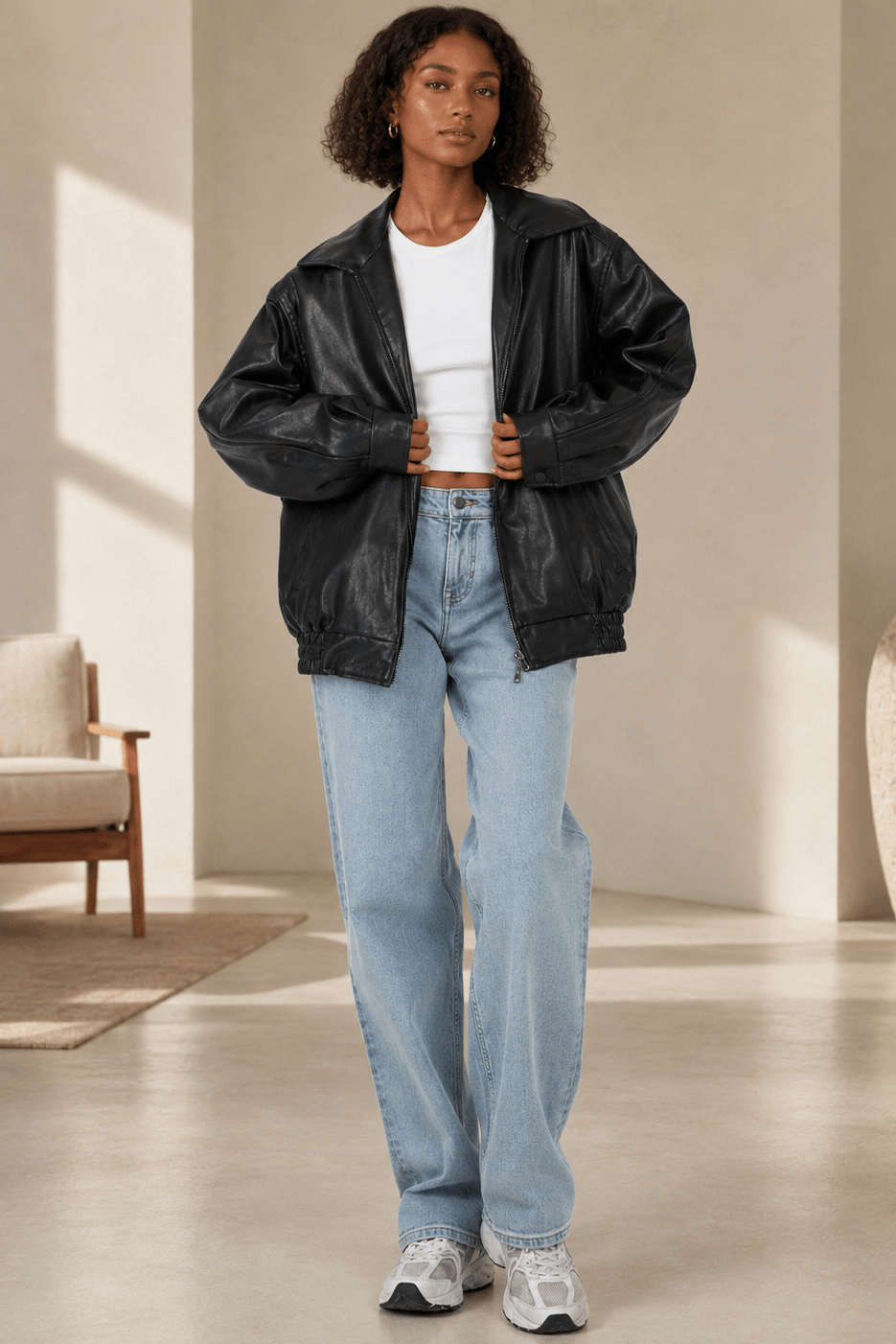 Women's Jacket | Oversized Leather Look, Casual Outerwear