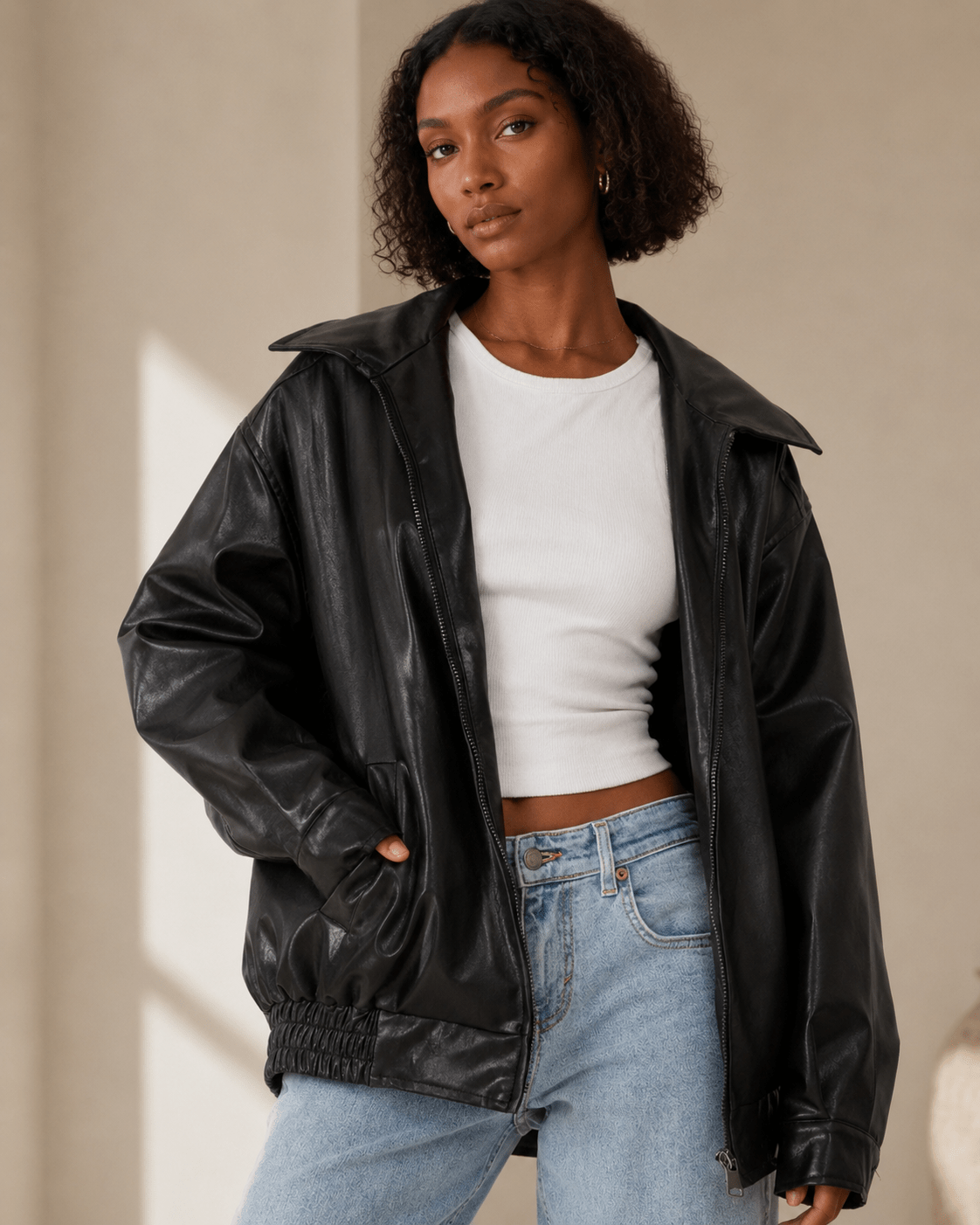 Women's Jacket | Oversized Leather Look, Casual Outerwear