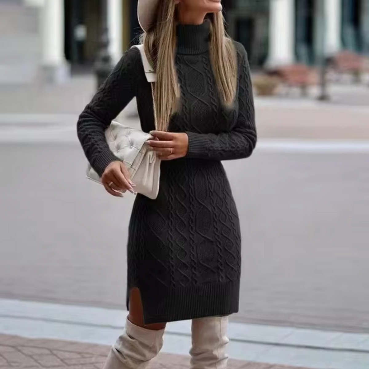 Knit Dress | Women's Cable Knit, Turtleneck | Long Sleeve, Midi Length