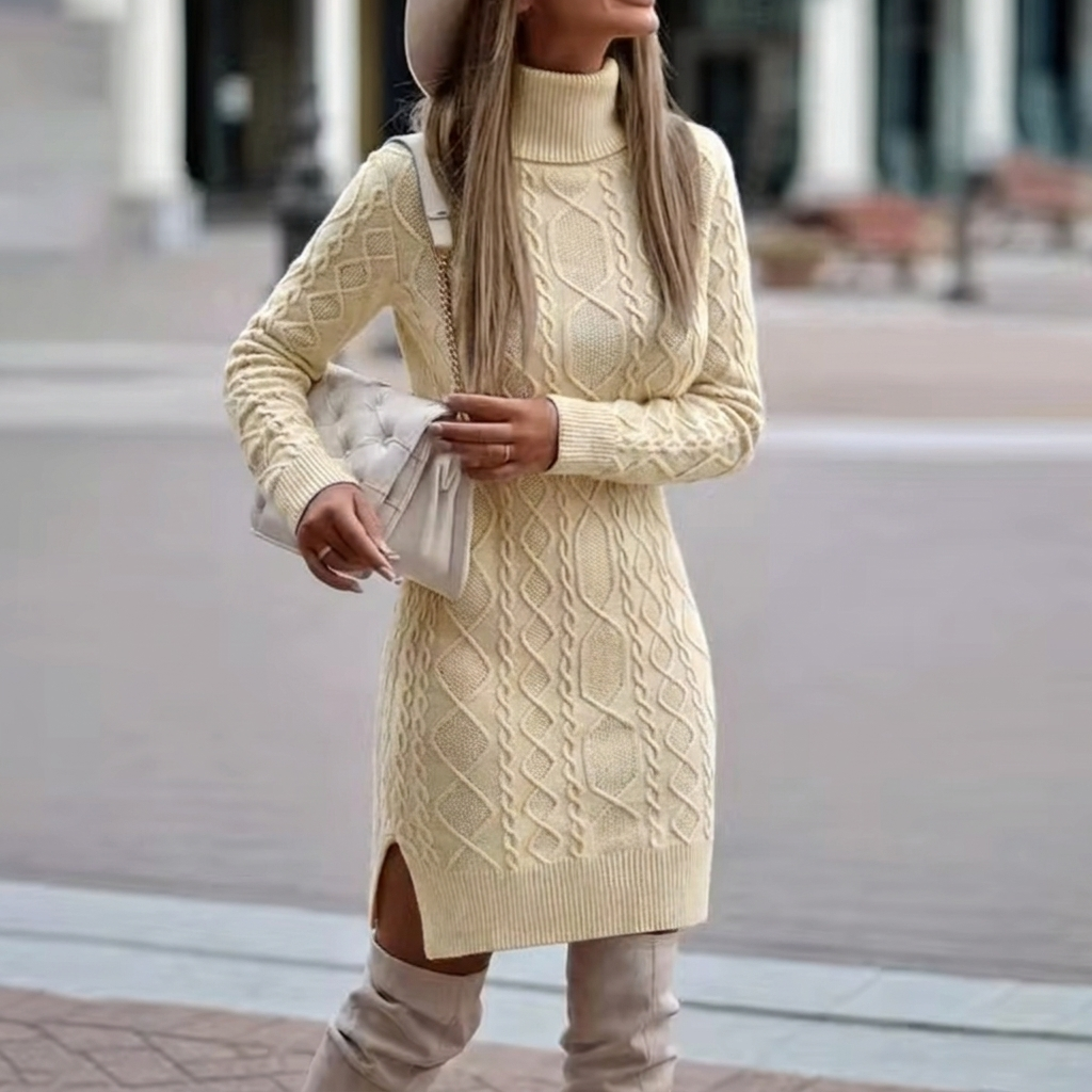 Knit Dress | Women's Cable Knit, Turtleneck | Long Sleeve, Midi Length