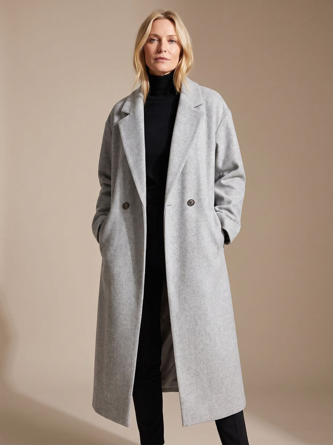 Women double breasted long tailored overcoat mid-calf length notched lapel
