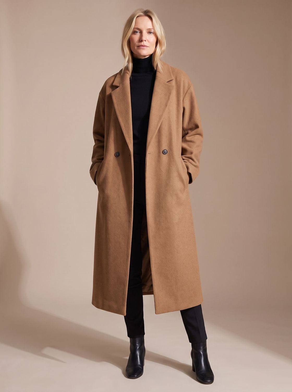 Women double breasted long tailored overcoat mid-calf length notched lapel