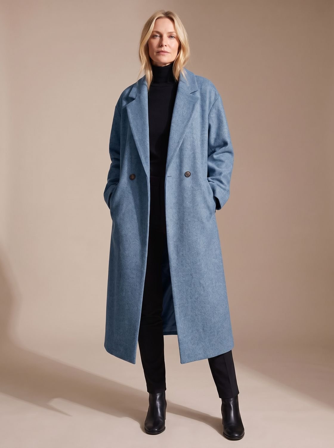 Women double breasted long tailored overcoat mid-calf length notched lapel
