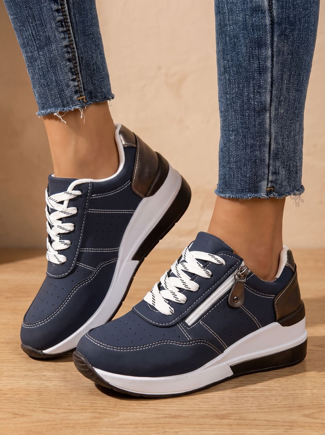Women orthopedic wedge sneakers lace up with cushioned sole and side zip