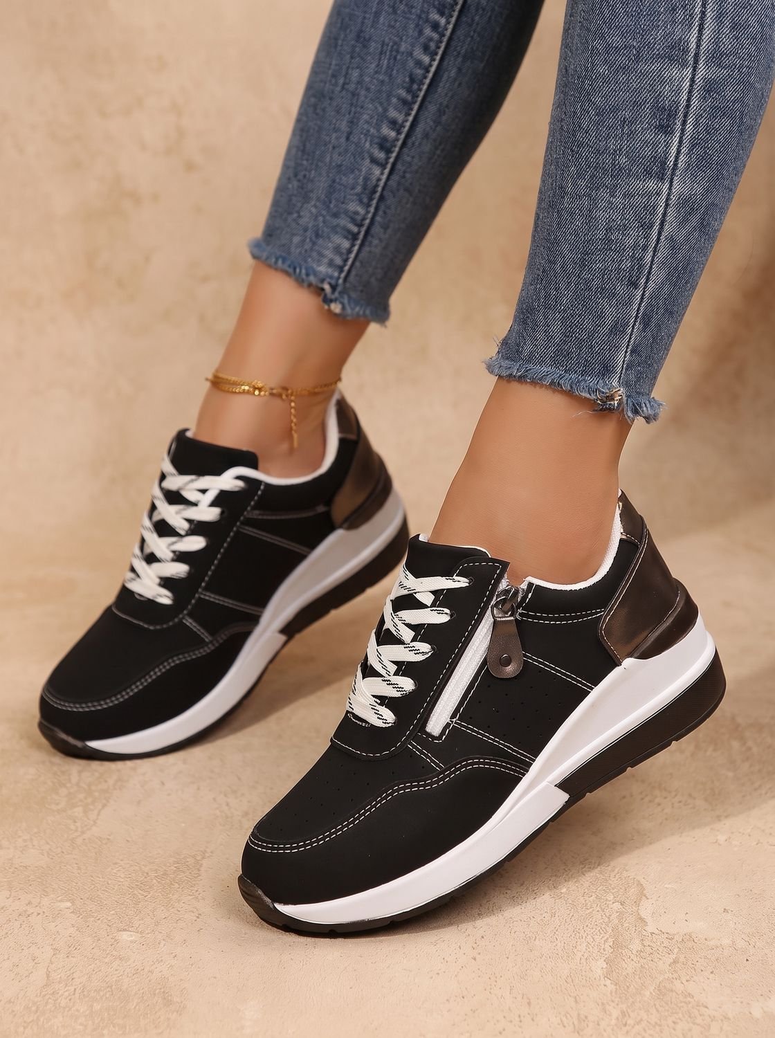 Women orthopedic wedge sneakers lace up with cushioned sole and side zip