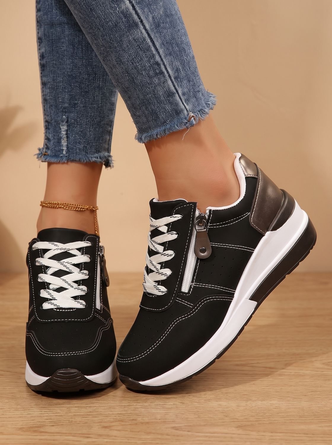 Women orthopedic wedge sneakers lace up with cushioned sole and side zip