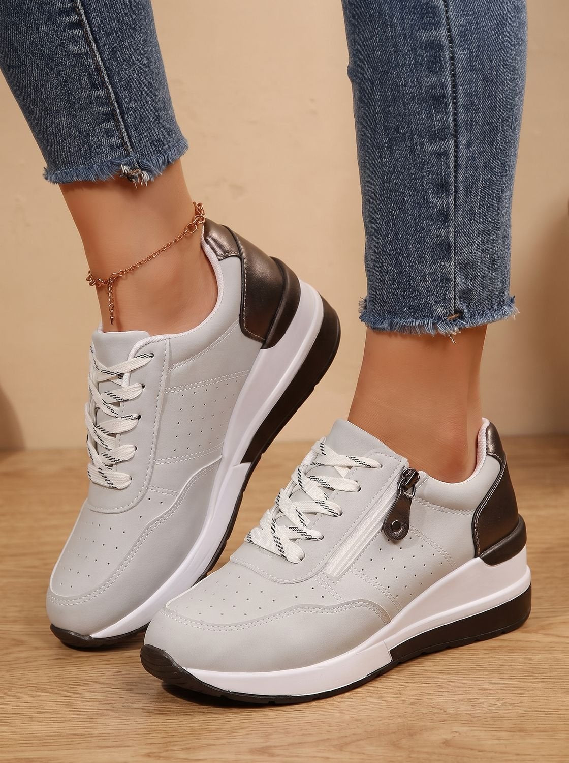 Women orthopedic wedge sneakers lace up with cushioned sole and side zip