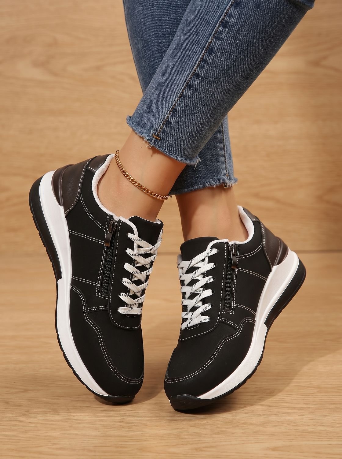 Women orthopedic wedge sneakers lace up with cushioned sole and side zip
