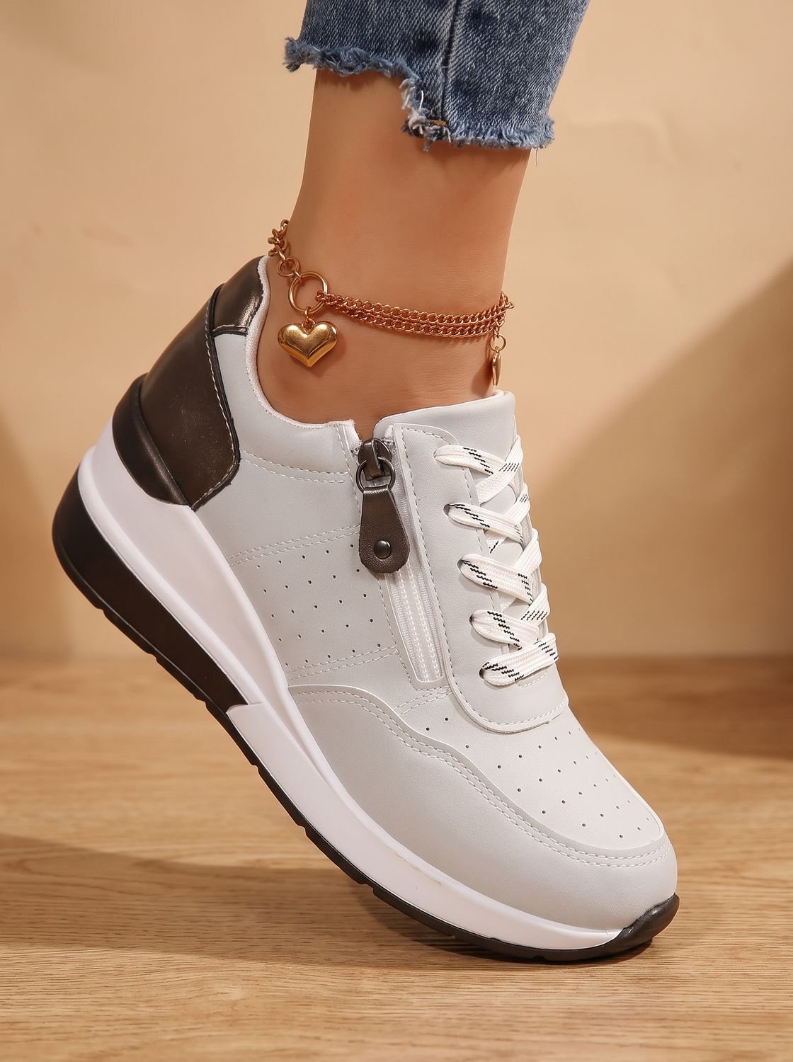 Women orthopedic wedge sneakers lace up with cushioned sole and side zip