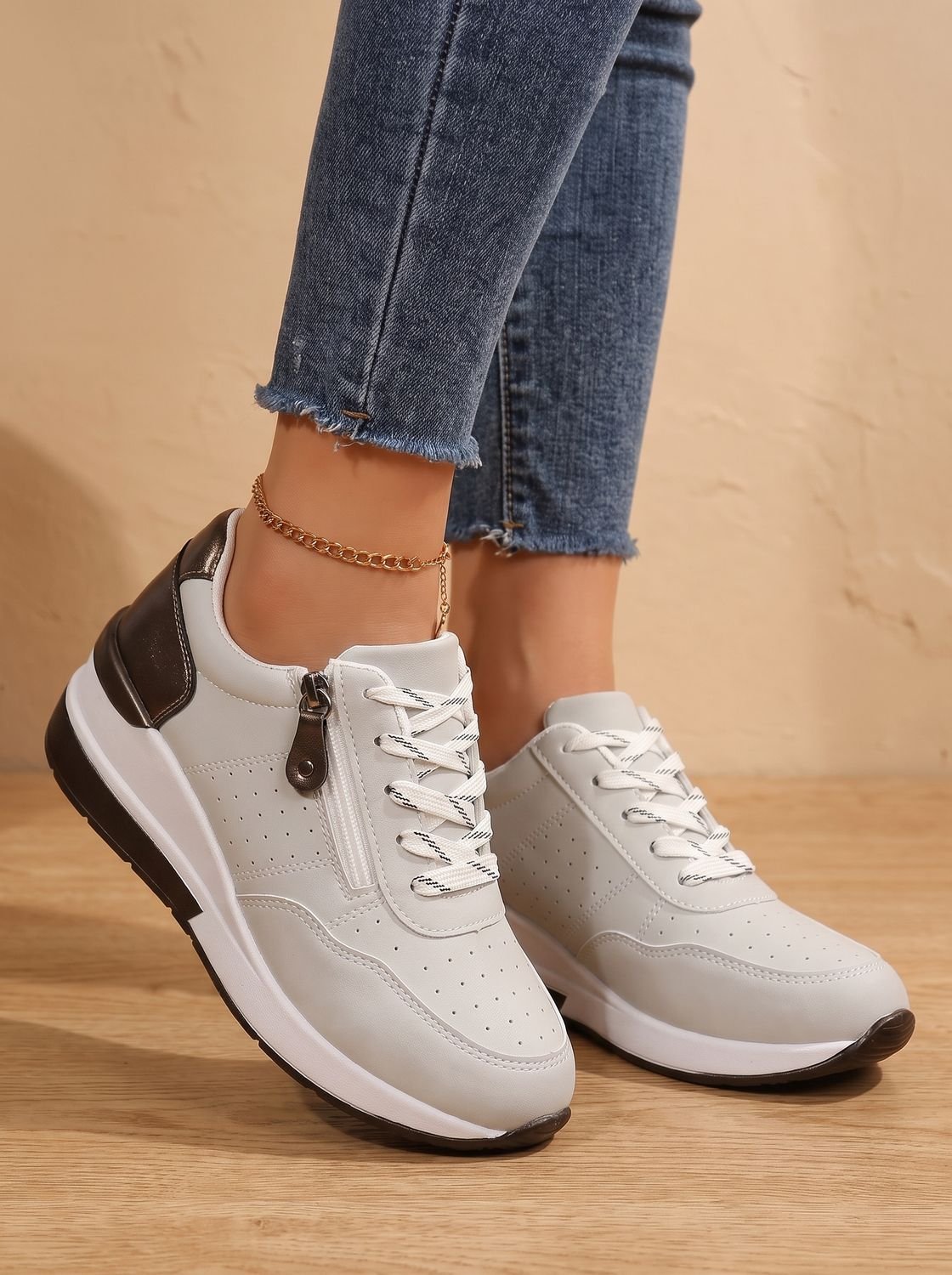 Women orthopedic wedge sneakers lace up with cushioned sole and side zip
