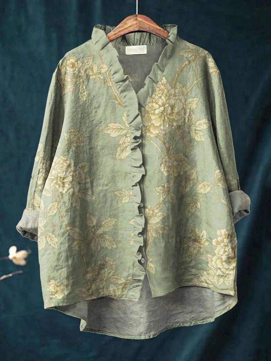 Women's Linen Blouse | Vintage Floral, Ruffle Neck | High-Low Hem