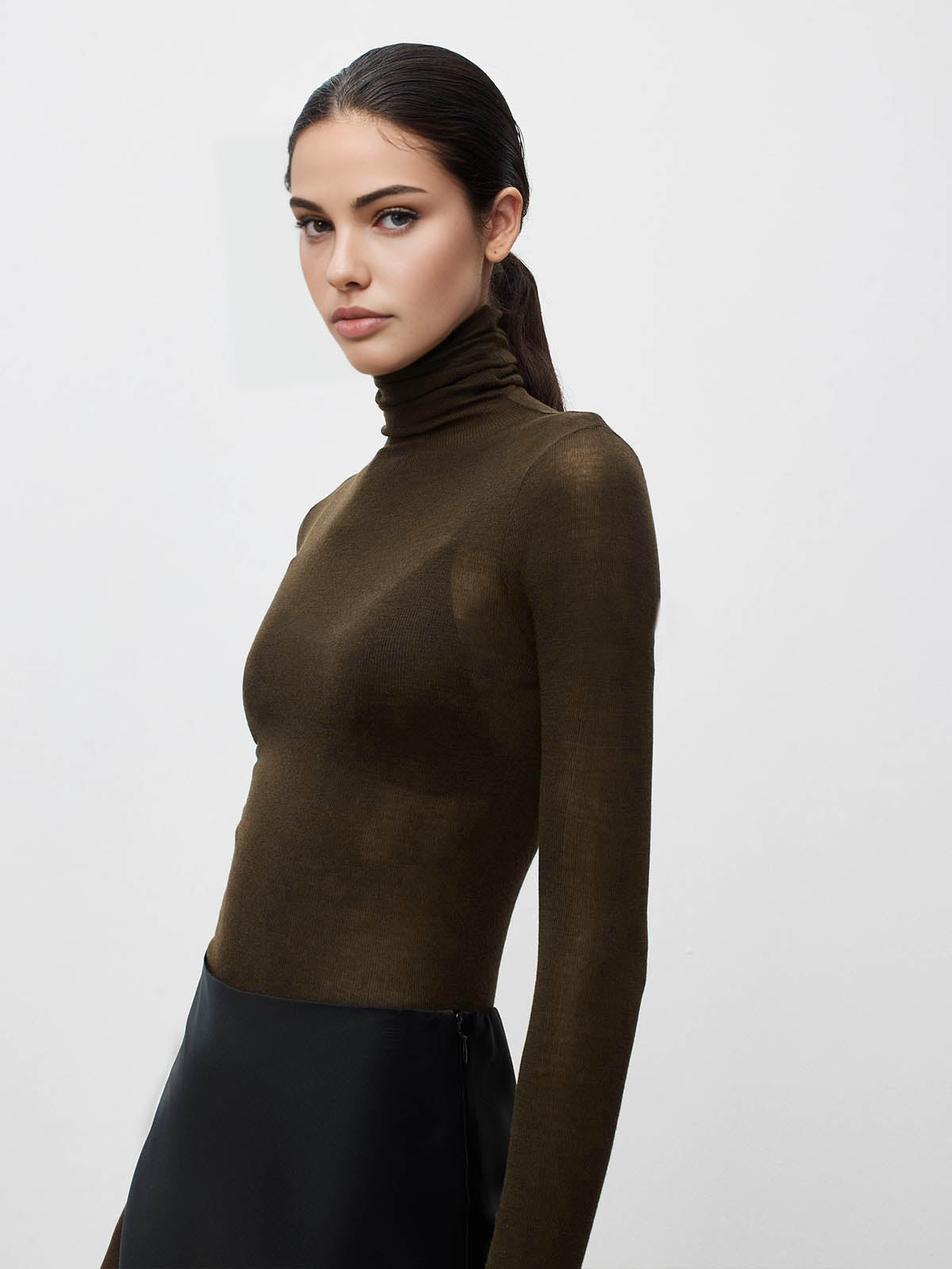 Women wool blend turtleneck sweater sheer knit regular fit