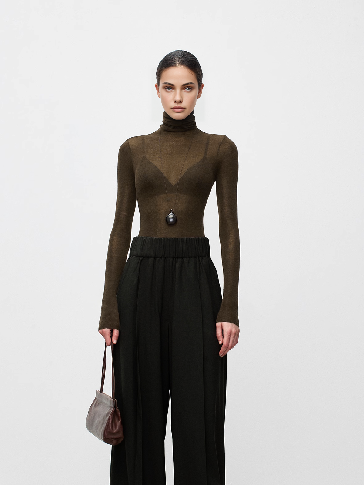 Women wool blend turtleneck sweater sheer knit regular fit