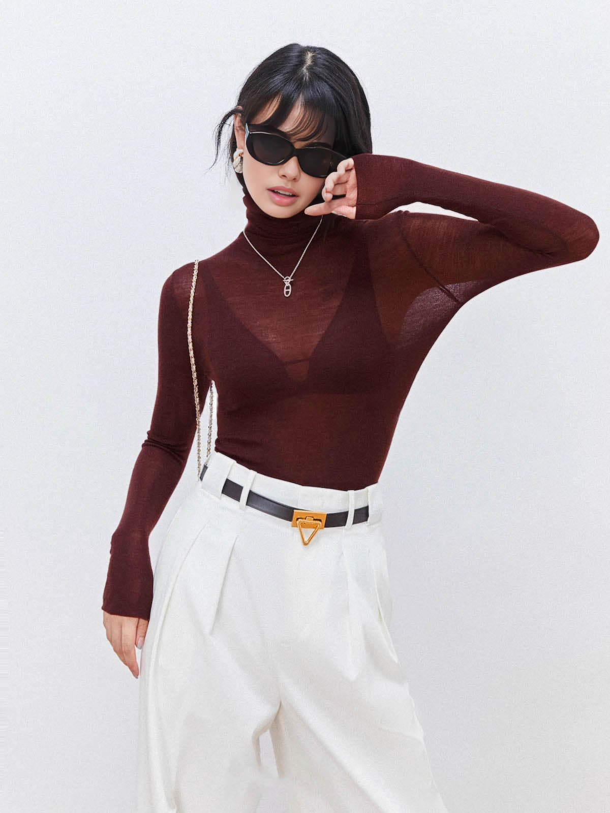 Women wool blend turtleneck sweater sheer knit regular fit