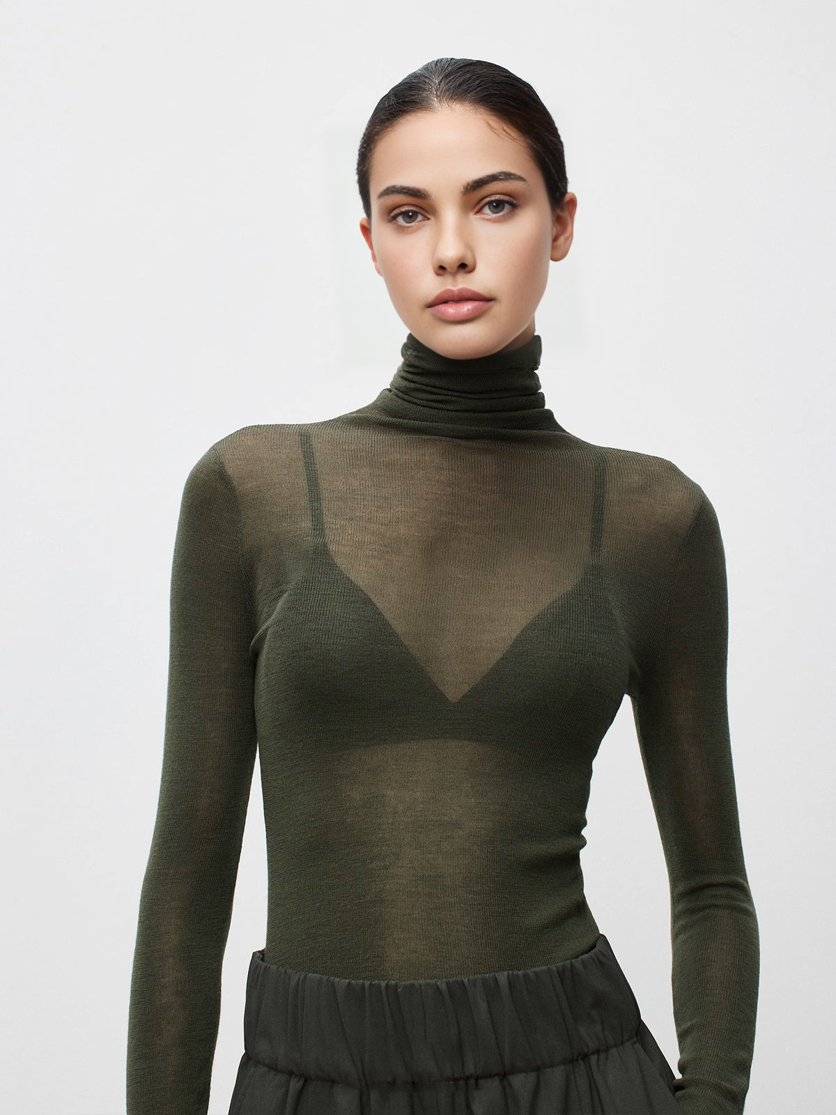 Women wool blend turtleneck sweater sheer knit regular fit