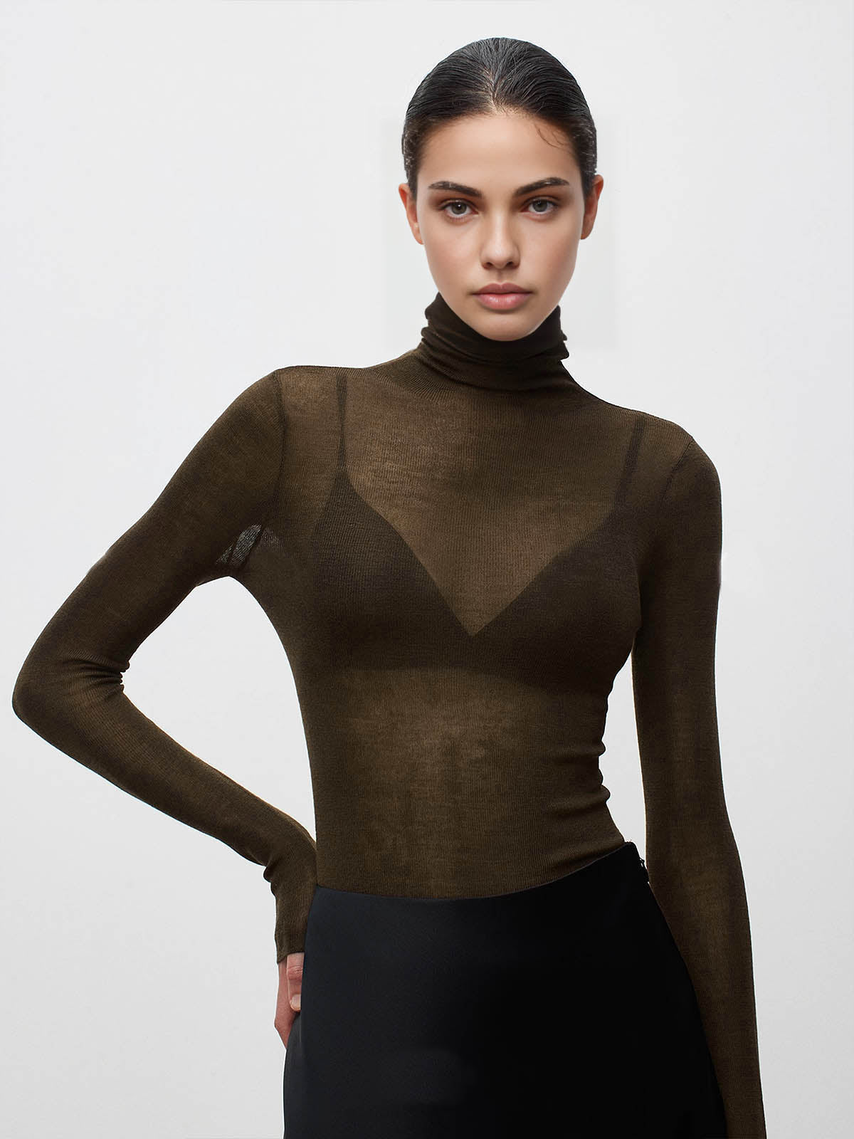 Women wool blend turtleneck sweater sheer knit regular fit