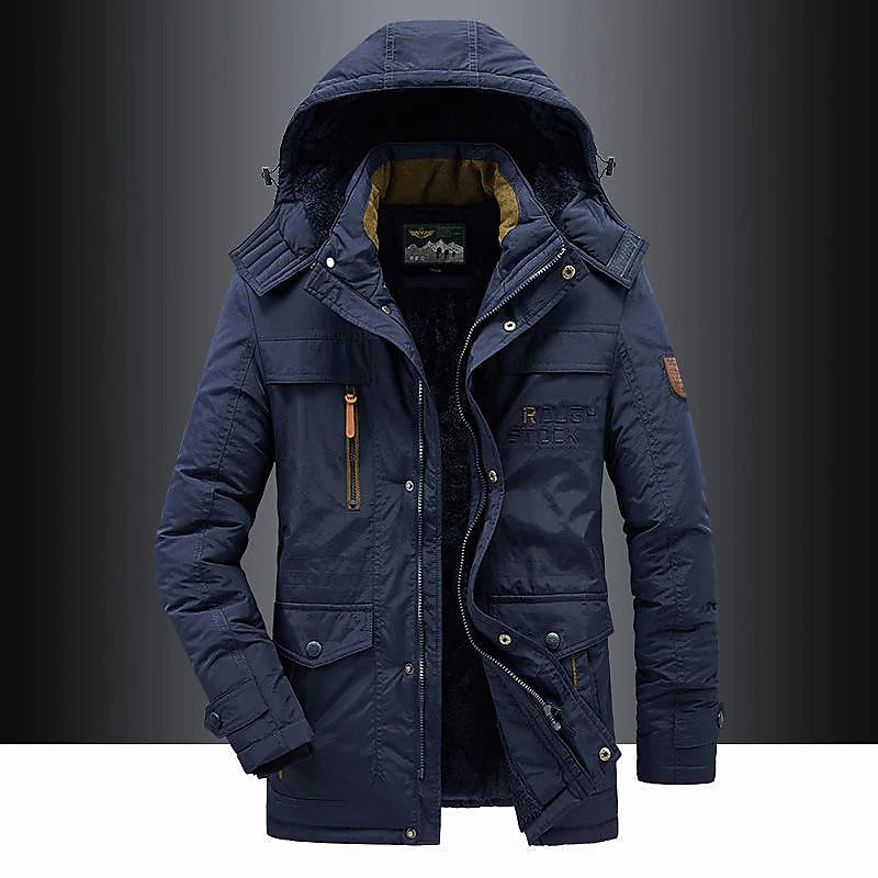 Men midlength hooded parka jacket with zip closure and exterior pockets